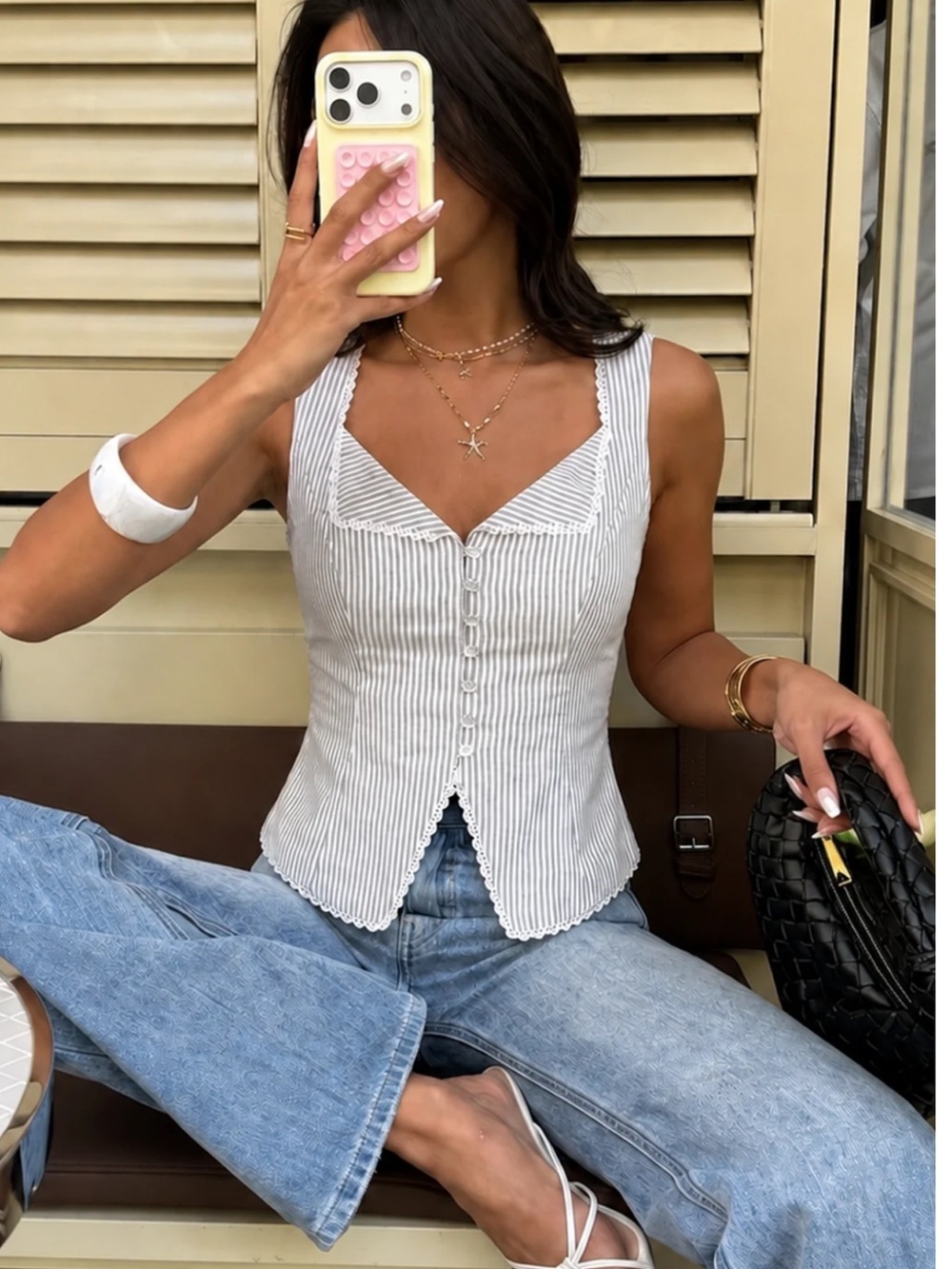 NWT Commense Striped Lace Trim Button-Front Tank Top